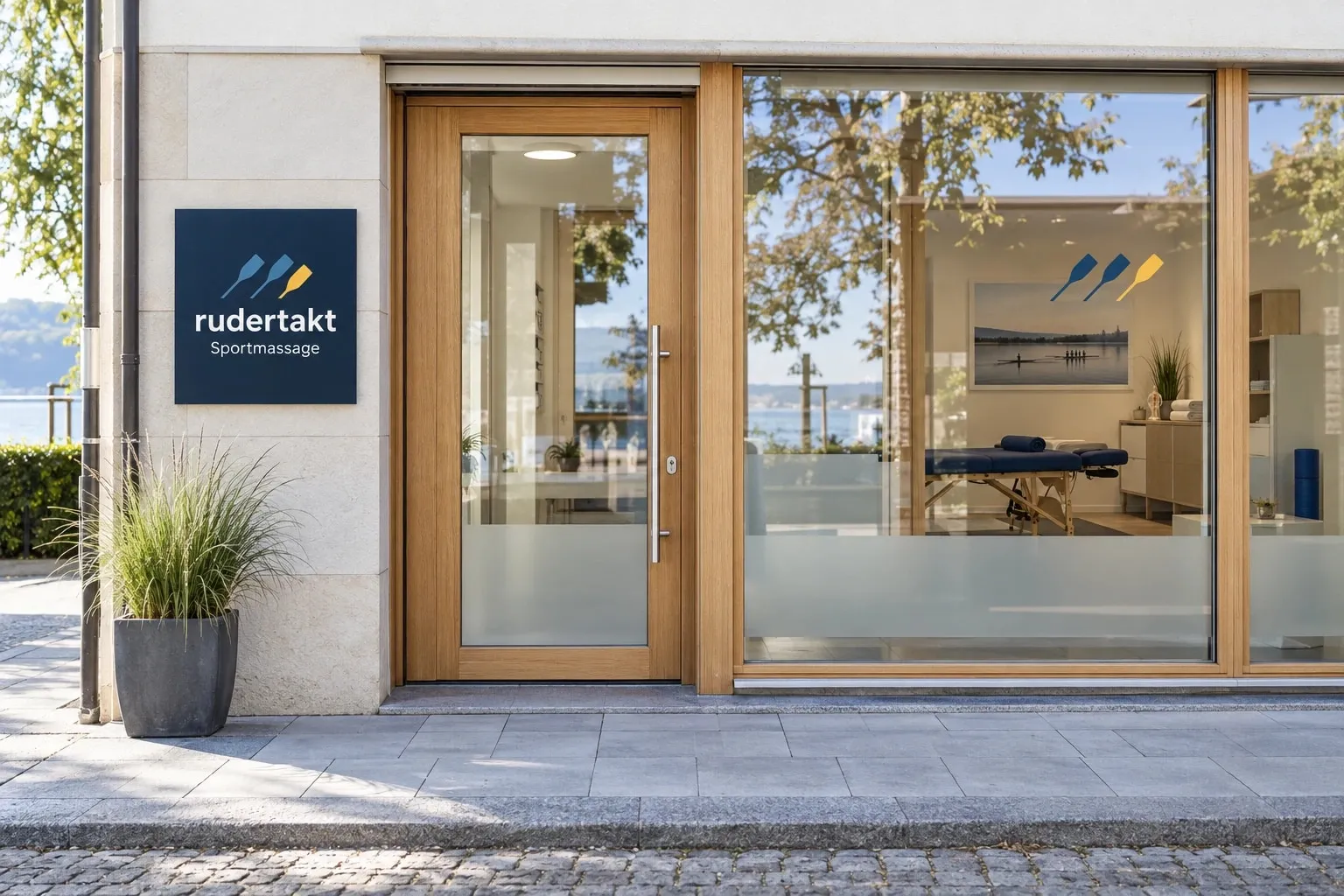 Eingang der Praxis: Holztür und Schaufenster mit Behandlungsliege, daneben das Schild «rudertakt Sportmassage», dahinter der See