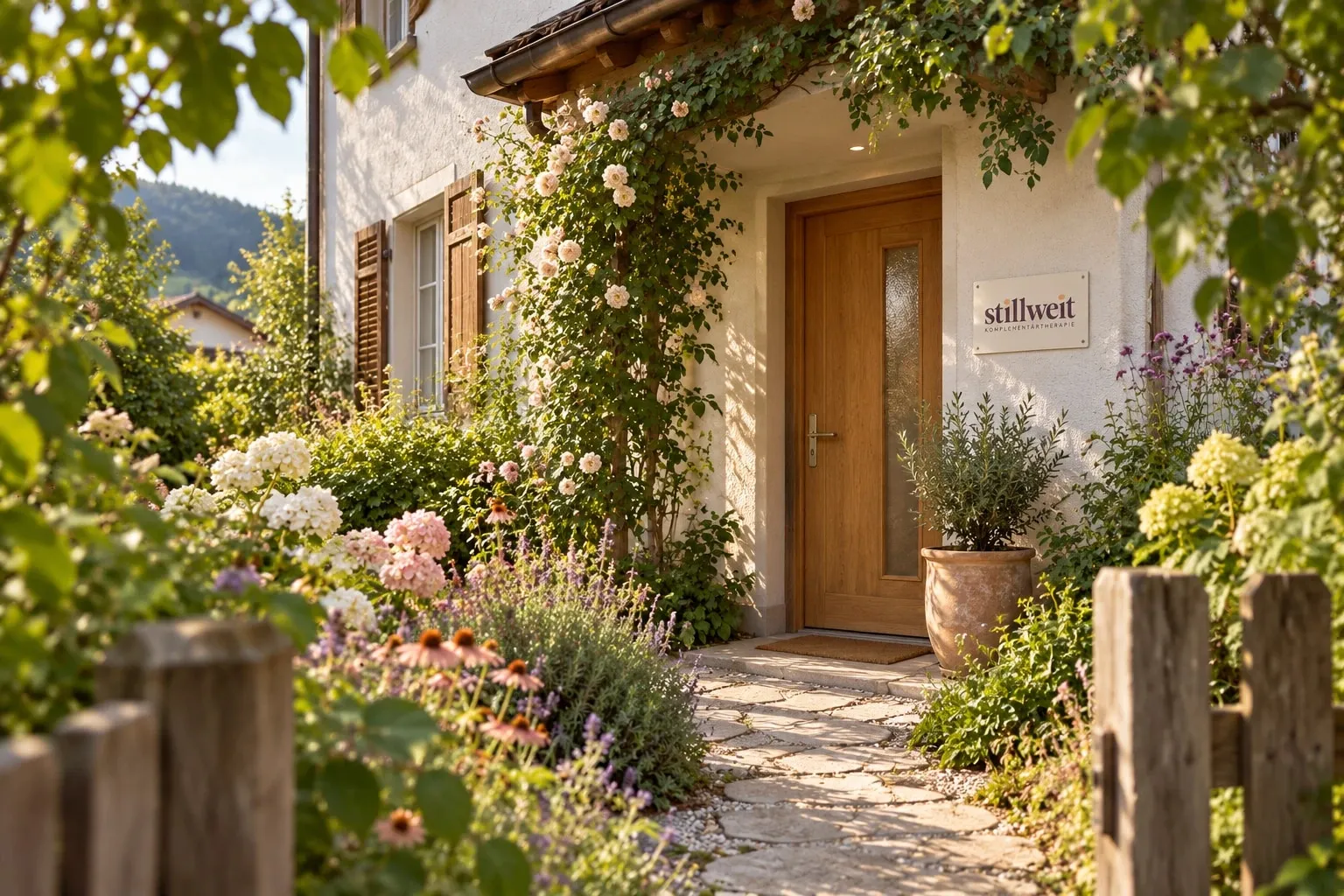 Eingang der Praxis: ein Gartenweg aus Steinplatten führt zwischen Rosen und Lavendel zur Holztür, daneben das Schild «stillweit Komplementärtherapie»