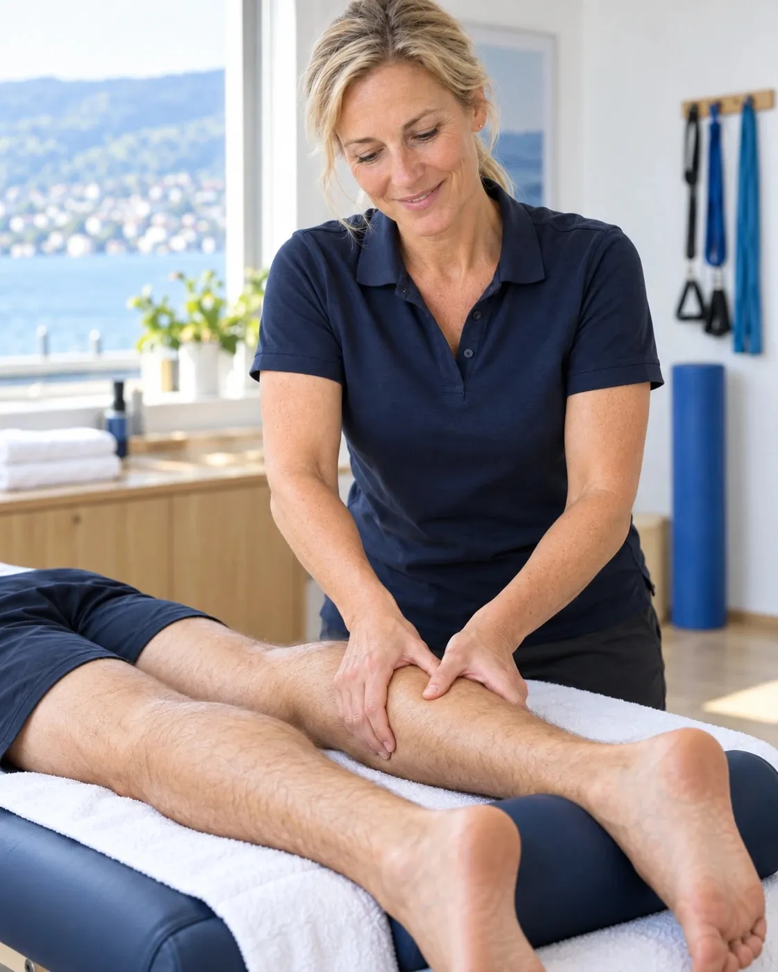 Die Masseurin massiert den Unterschenkel eines Sportlers auf der Behandlungsliege, im Fenster der Zürichsee